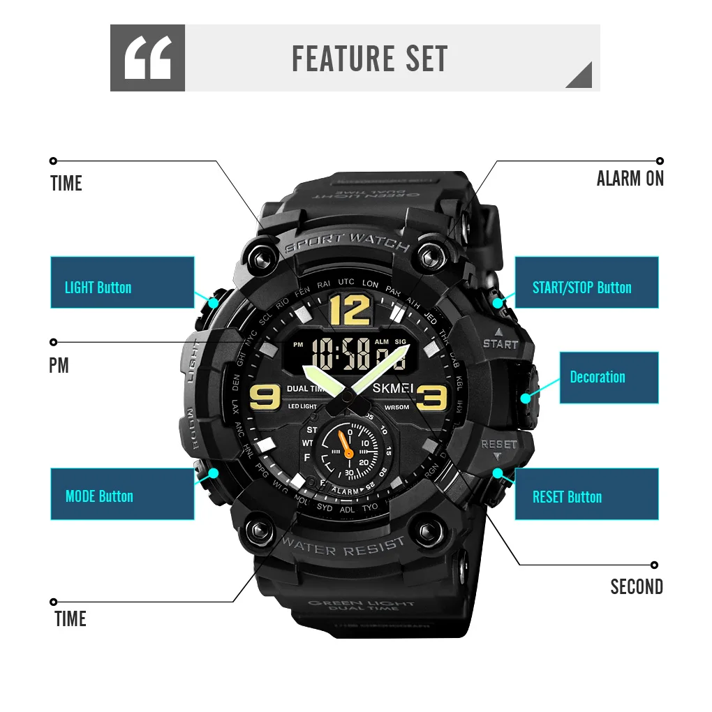 Skmei 1637 Dual Movement 3 Time Sport Wristwatch Mens Waterproof Electronic Watches Montre Homme Shockproof  Digital Men Watch 5