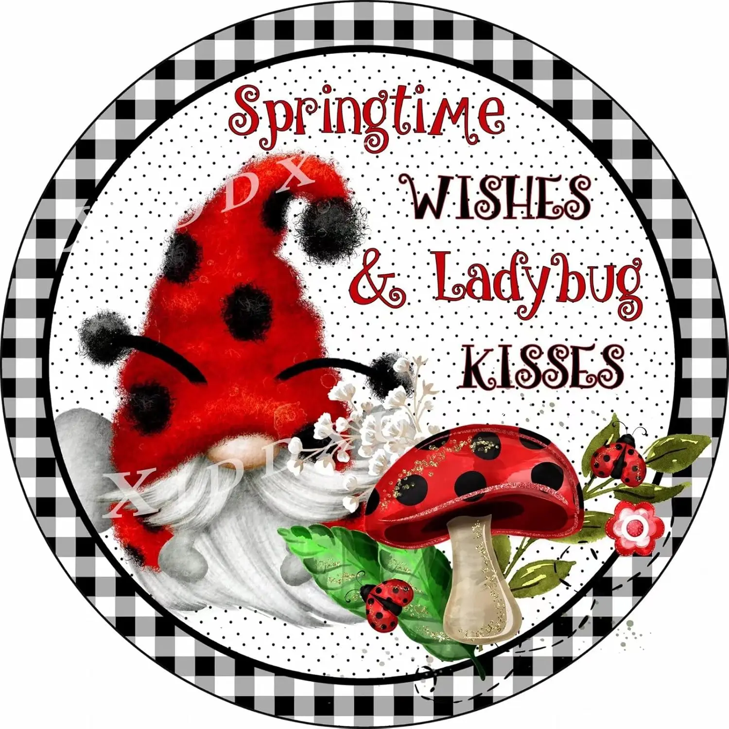 

Spring Wishes Ladybug Kiss Gnome Summer Round Metal Wreath Sign Funny Summer Tin Sign Bar Coffee Home Kitchen Room Art Wall Plaq