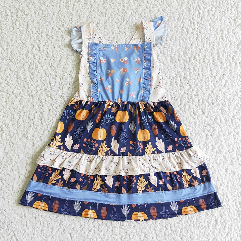 

Baby Girl Thanksgiving Fall Pumpkin Floral Dress Ruffle Sleeveless Children New Flower Clothes Wholesale Infant Boutique Floral