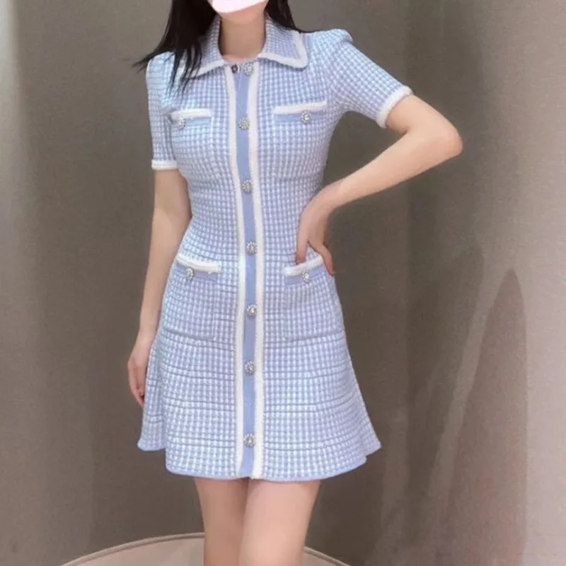 

Women's Plaid Short Sleeve Single Breasted Turn Down Collar Elegant 2023 Spring Summer Mini Dress