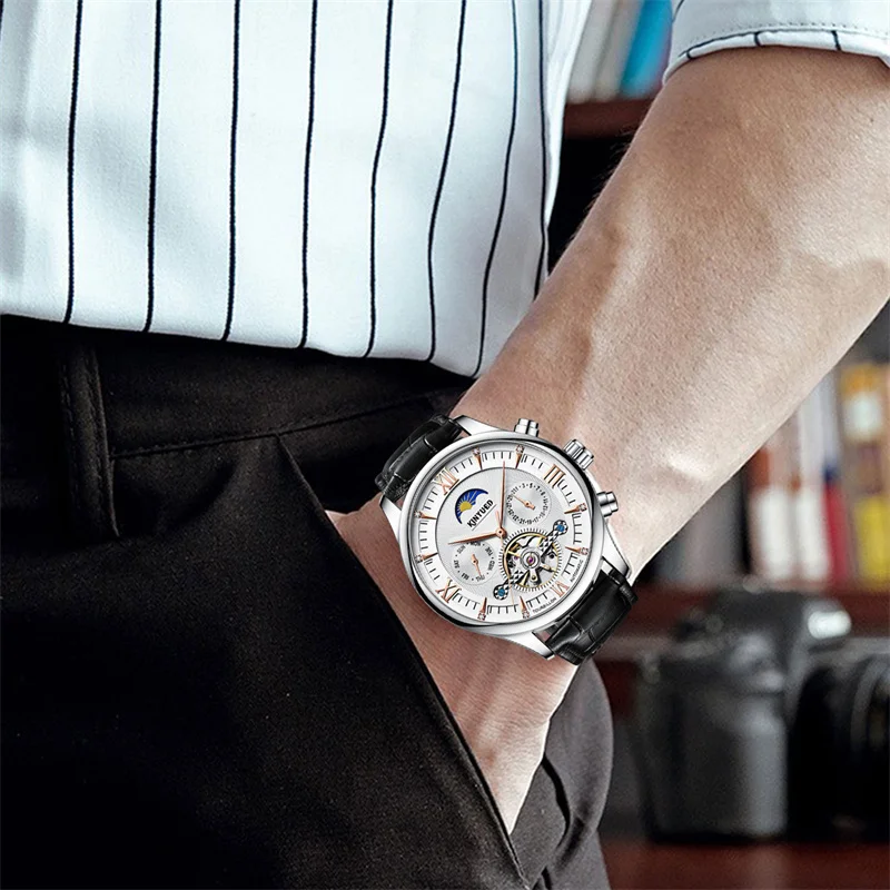 KINYUED Brandneue mechanische Mondphasenuhr für Herren, hohle Tourbillon-Uhren, Wochendatum, Herrenuhr, wasserdicht, automatische Uhren_voghion.com