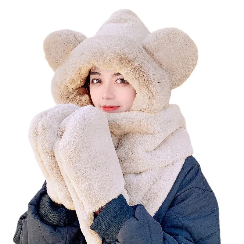 3PCSBear Hat Autumn and Winter Women Scarf Gloves one Winter Bib Cartoon Cute Warm Plush Winter Three-Piece Set 5