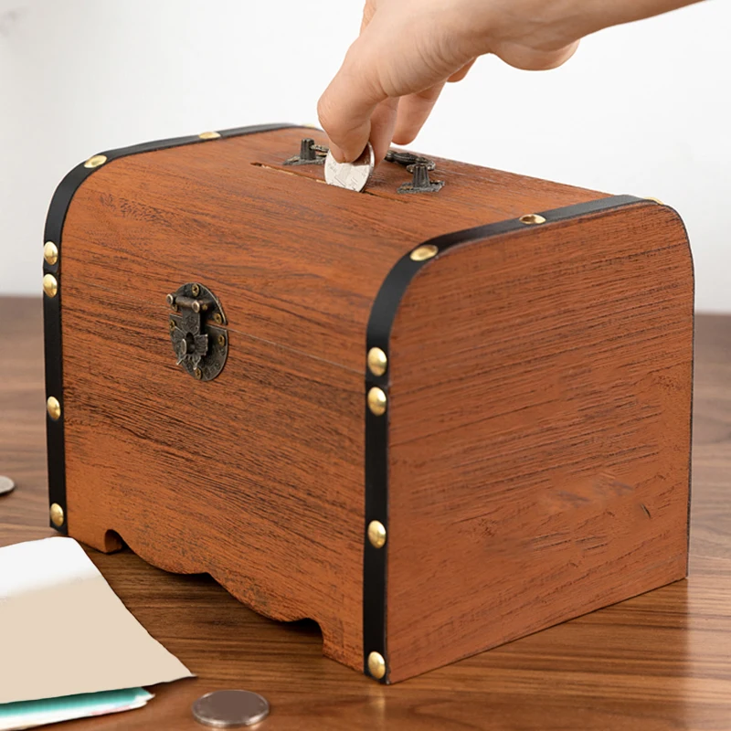 1Set Wooden Treasure Chest With Lock Piggy Bank Organizer Vintage Treasure Storage Box Saving Box Case For Home Decoration