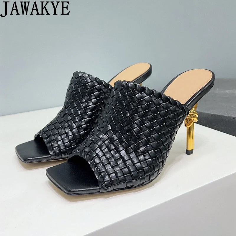 

Square Peep Toe Thin High Heels Slippers Women Genuine Leather Weaving Fashion Mules Slippers Summer Sexy Runway Shoes Woman