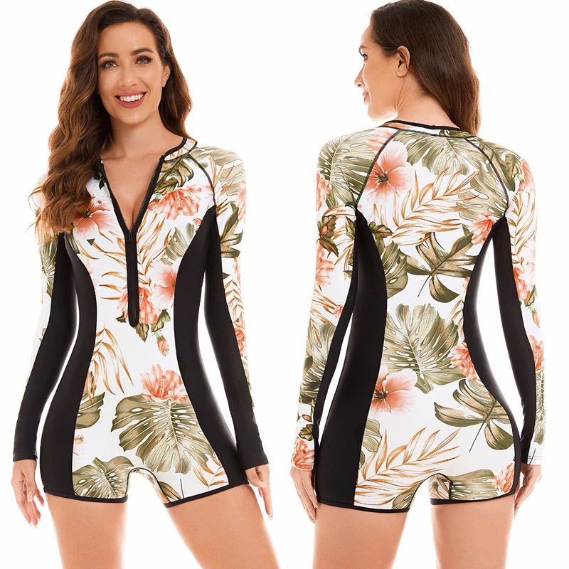 

Summer Slim Long Sleeve Swimsuit Rashguard Women Surfing Swimwear Print Swimming Diving Suit For Women Bodysuit Rash Guard