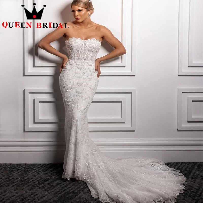 

Exquisite Strapless Beading Wedding Dresses Sexy Sleeveless Backless Mermaid Bridal Gowns Robe De Mariée Custom S88Y