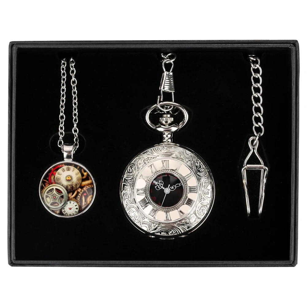 Roman Numerals Carved Hollow Cover Quartz Pocket Watch Gift Set Vintage Steampunk Fob Chain Pendant Antique Pocket Clock for Men