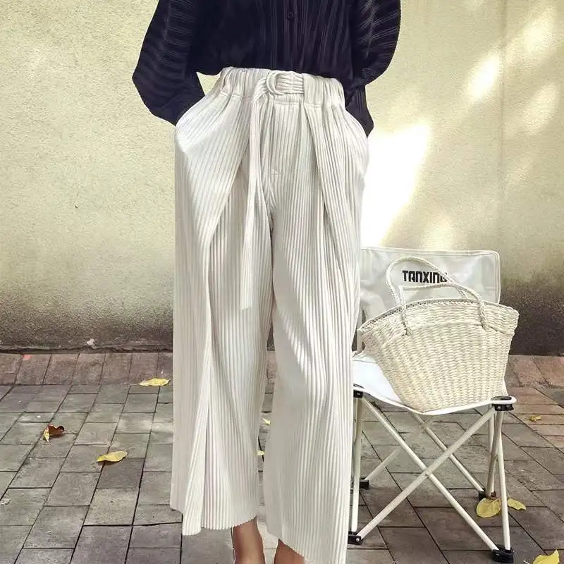 

Miyake Pleated Women Pants with Belt 2023 Spring Summer New Straight Pleated Casual Wide Leg Pants Korean Fashion Clothing