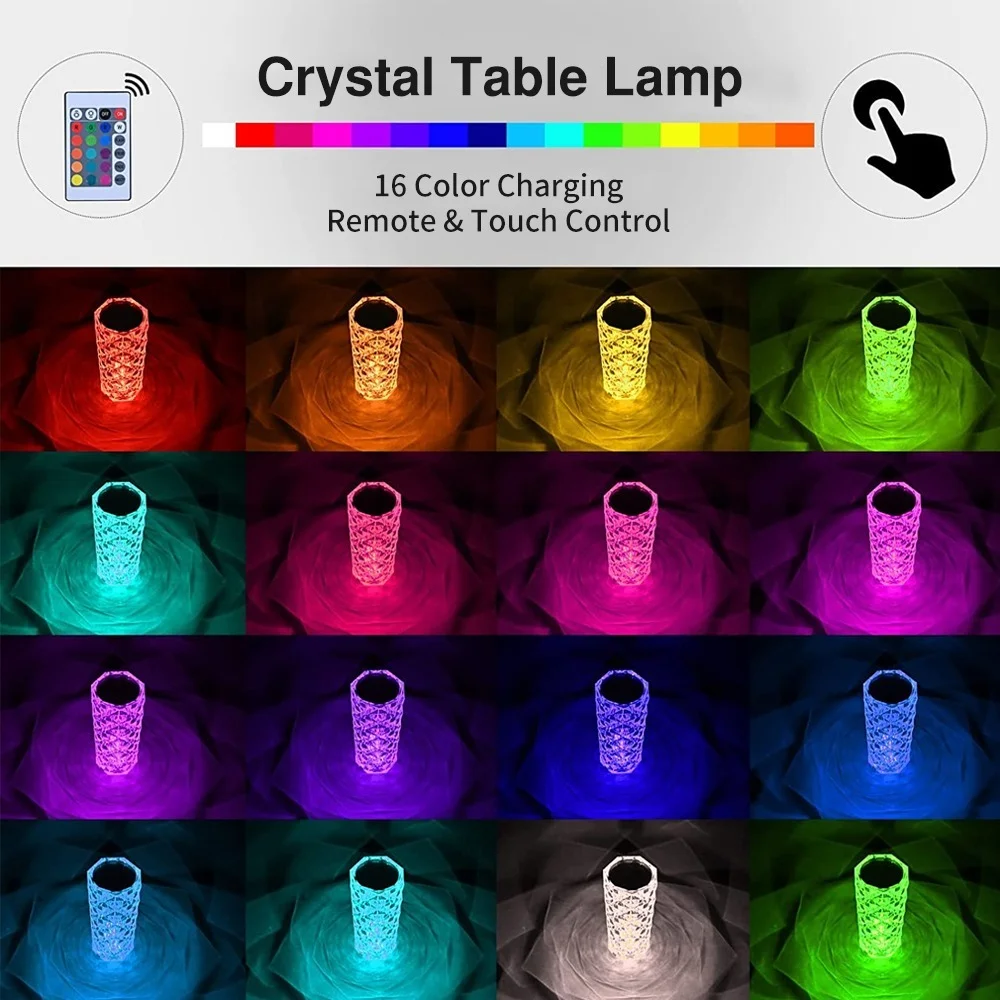 LED Crystal Table Lamp Rose Light Projector 3/16 Colors Touch Adjustable Romantic Diamond Atmosphere Light USB Touch Night