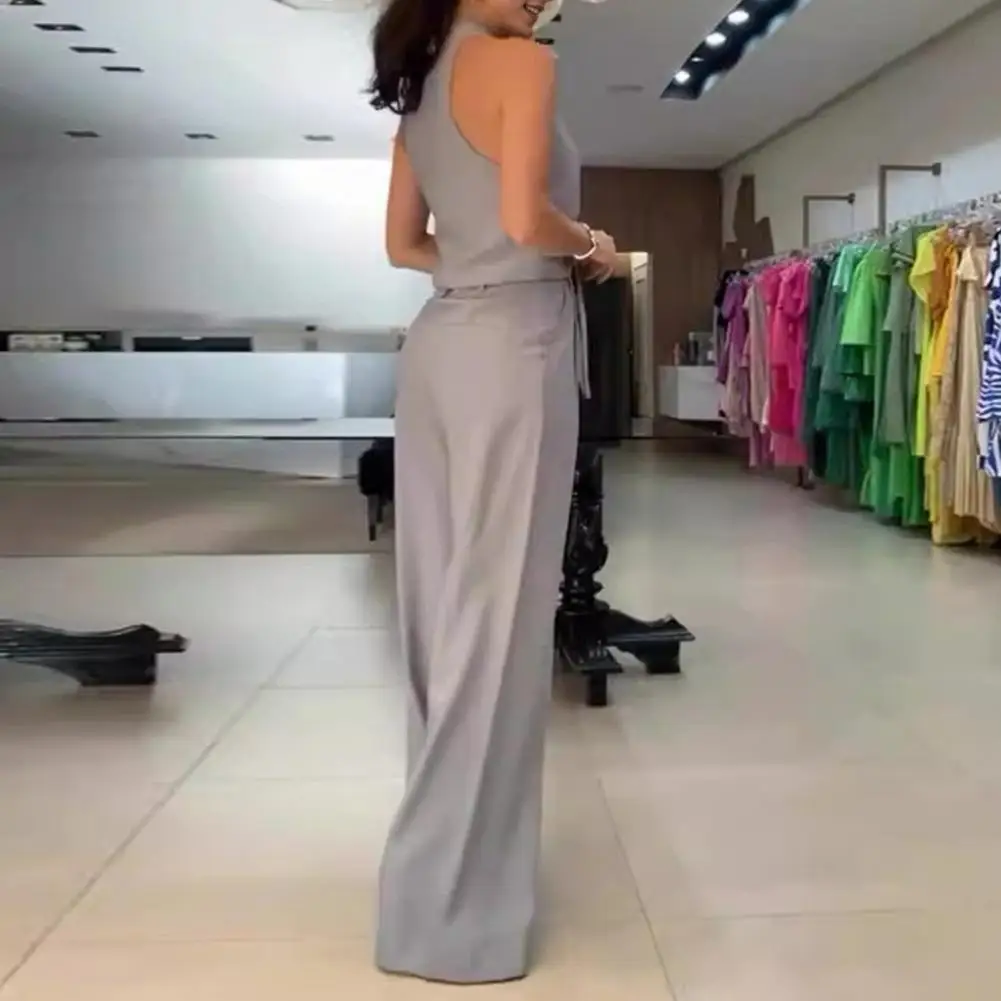 2 Pcs Women Vest Pants Set Formal Business Outfit Halter Neck Wide Leg High Waist Trousers Lady Commute Top Trousers Set no belt