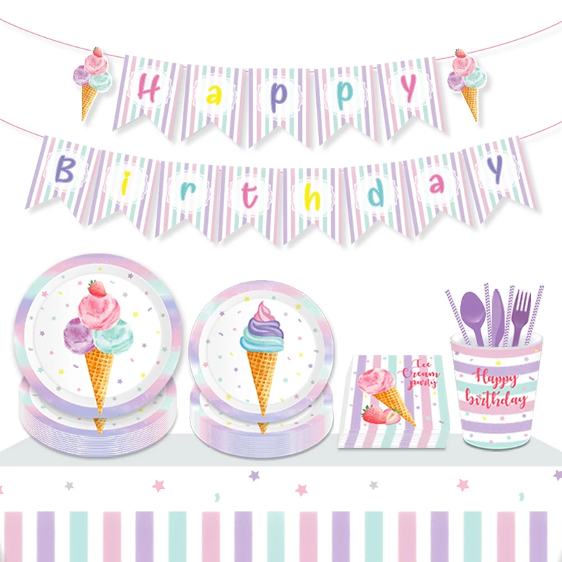 Ice Cream Theme Party Disposable Paper Tableware Set Plate Cup Napkin For Birthday Party Wedding Baby Shower Decoration Supplies