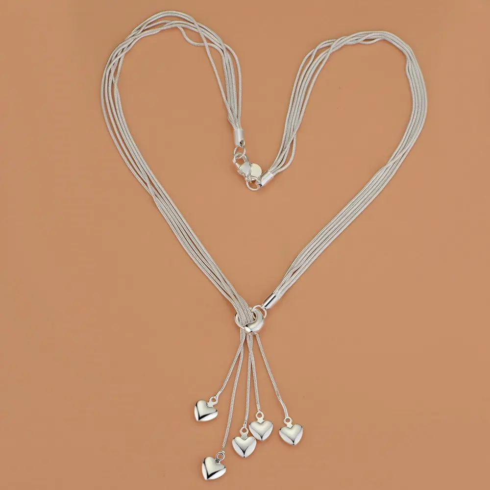 YANNEY 925 Sterling Silver Sweet Heart Bracelet Necklace Set For Women Fashion Charm Wedding Engagement Jewelry Set 6