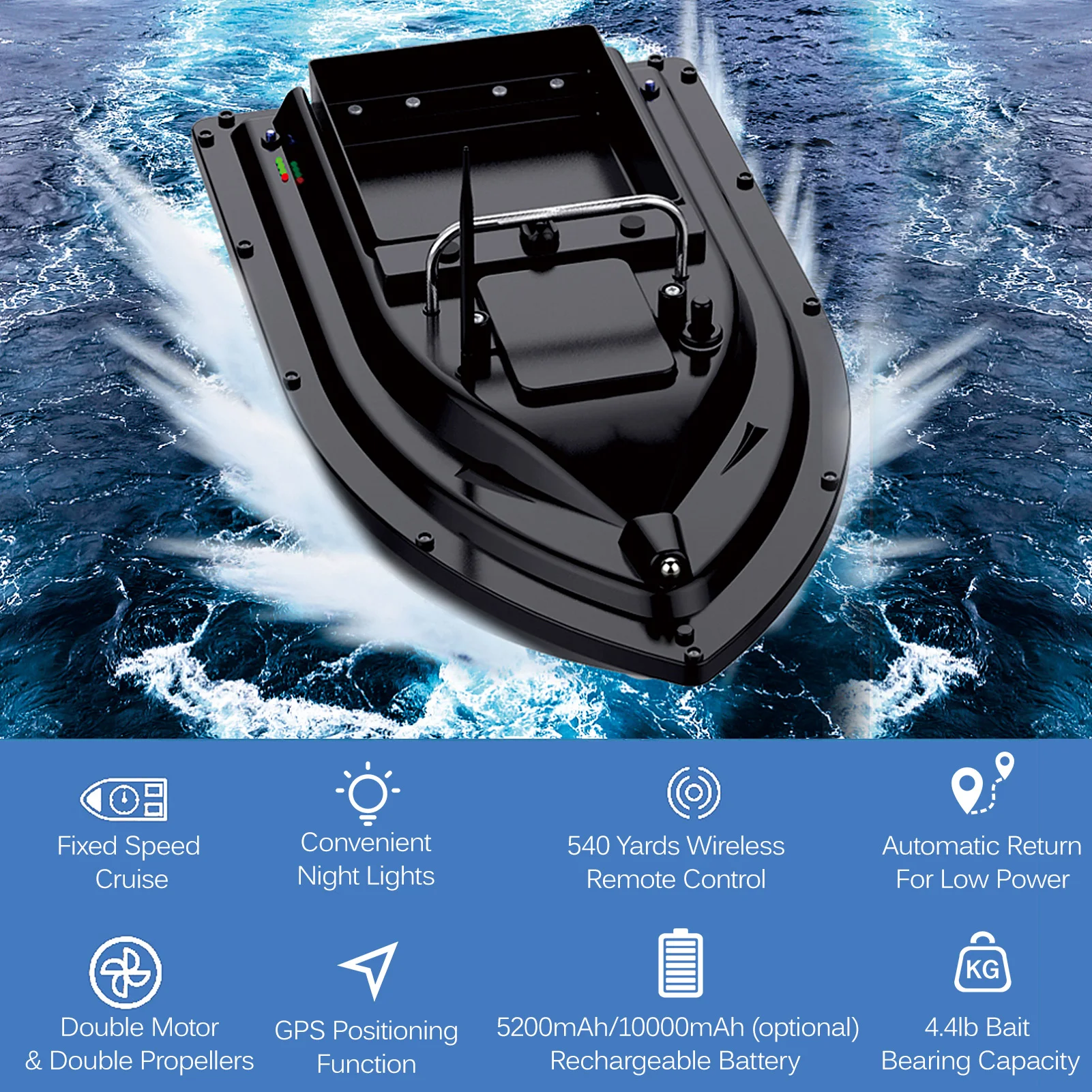 Bateau à appâts de pêche 500 m, détecteur de Poisson à Double Moteur télécommandé – Support de Chargement de 2 kg pour la pêche