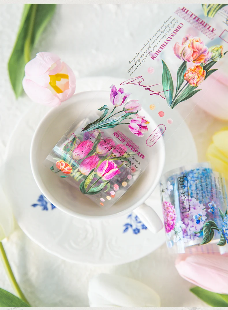 2m/roll Junk Journal Collage Material Stickers Creative Text Plants Flowers PET Masking Tape Scrapbook DIY Supplies Stickers