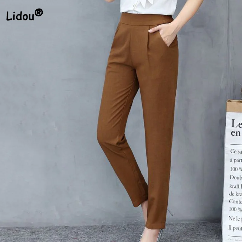 Office Lady for Women 2022 Spring Summer New Solid Color Harem Pants Patchwork Pockets All-match Drape Slim High Waist Trousers washed jeans harem pants new women spring autumn summer fashion elastic sweet travel longue casual thin nationality lady young