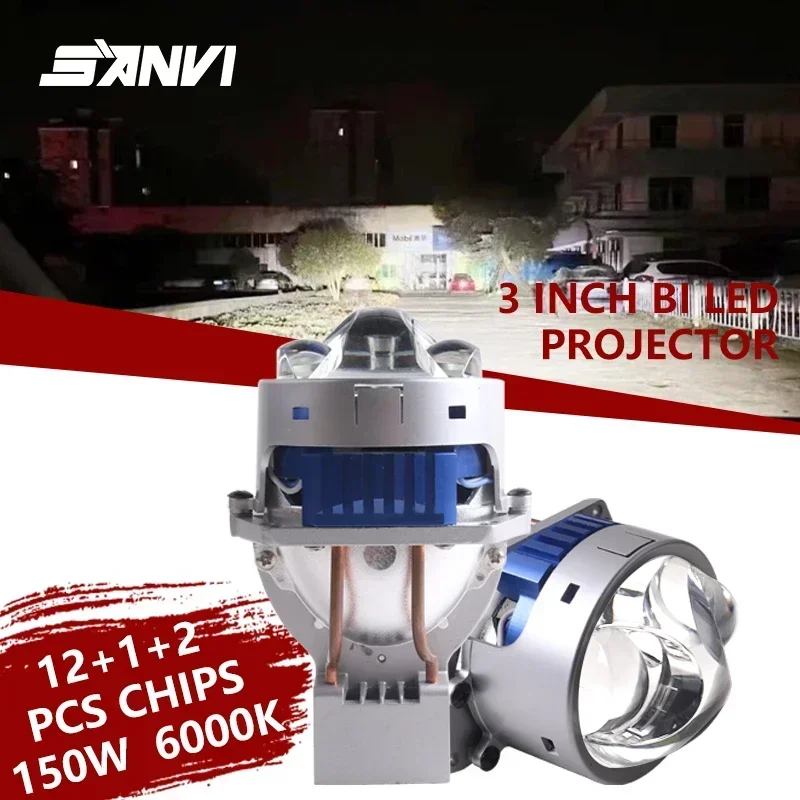 

SANVI Car Bi LED Projector Len Headlight Dual Hyperboloid Direct Len 12V 150W 6000K 35610LUX For H4 H7 9005 9006 Car Accessories