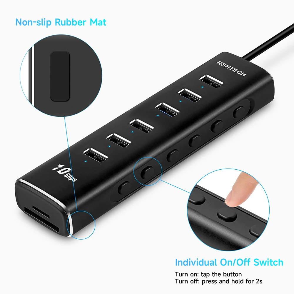 Hub USB Alimenté, RSHTECH Hub USB 3.2/USB C à 7 Ports avec 10Gbps USB-A