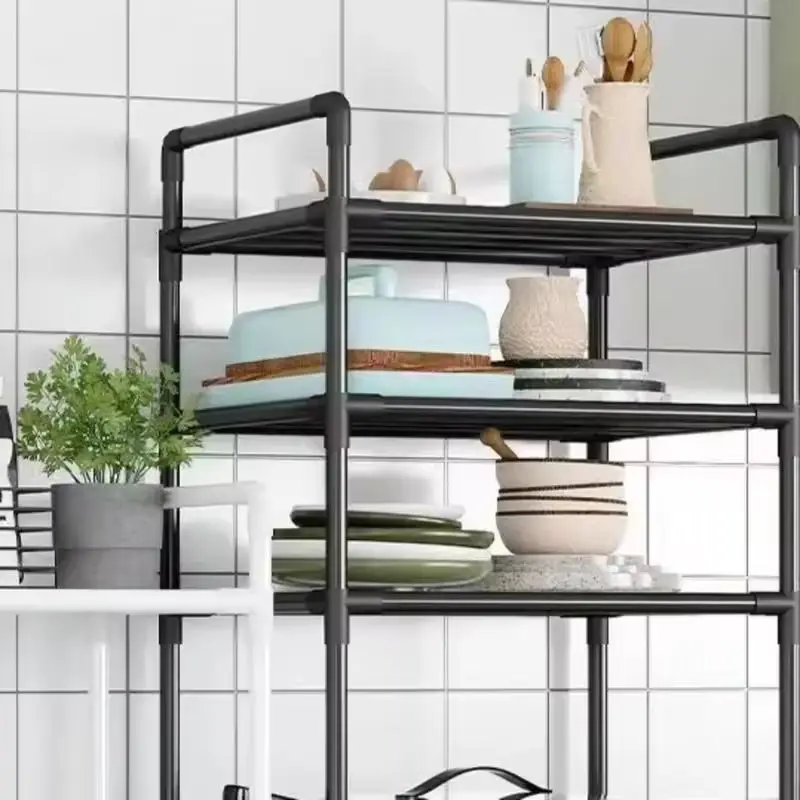 Floor-Standing Multi Layer Storage Rack Shelf Storage Rack Rolling Storage Cart with Pulley Trolley Bathroom Kitchen Microwave Storage Rack Kitchen Accessories