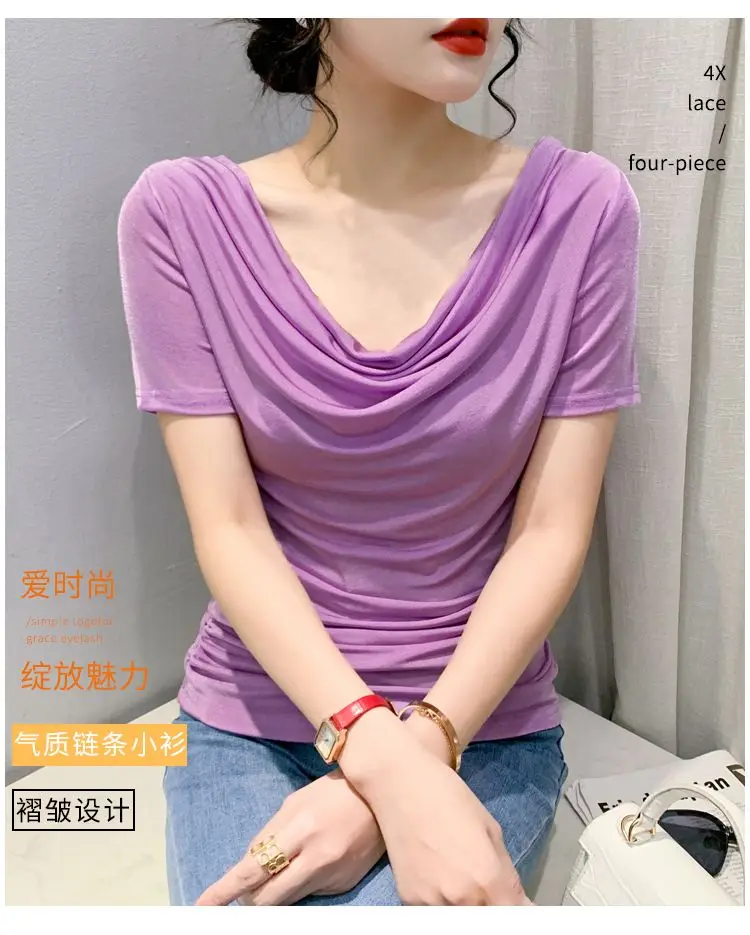 

V-neck fold female 2023 summer wear new chic shirts with short sleeves T-shirt temperament show thin unlined upper garment