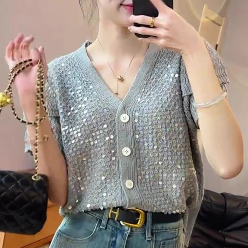 2024 New Summer KPOP Fashion Style Aesthetic Loose Casual Women's Shirt Chiffon Button Splicing Sequin Short Sleeve V Neck Tops