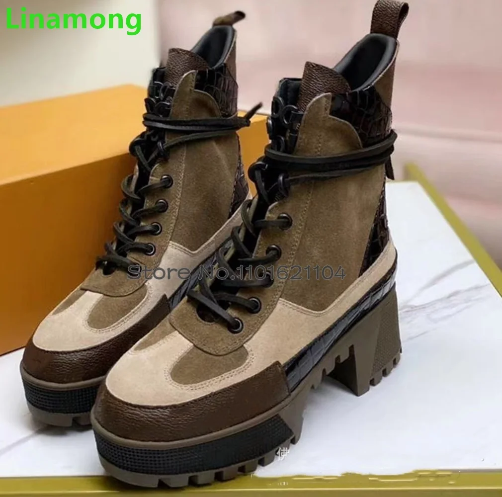 Thick Sole Square Heel Lace-up Boots For Female Women 2023 New Round Toe Ankle High Mixed Colors Fashion Luxury Design Boots