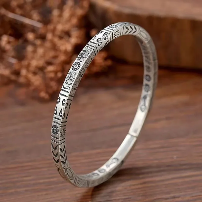 

999 Silver Bracelet Vintage Solid Couple Hand Chain Ancient Simple Style Handmade Solid Opening Live Bangle