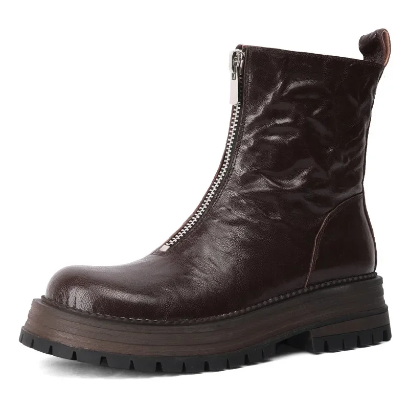 

ENMAYER 2024 New Genuine Leather Boots Women Zipper Black Brown Handmade Platform Ankle Boots Ladies High Quality Shoes
