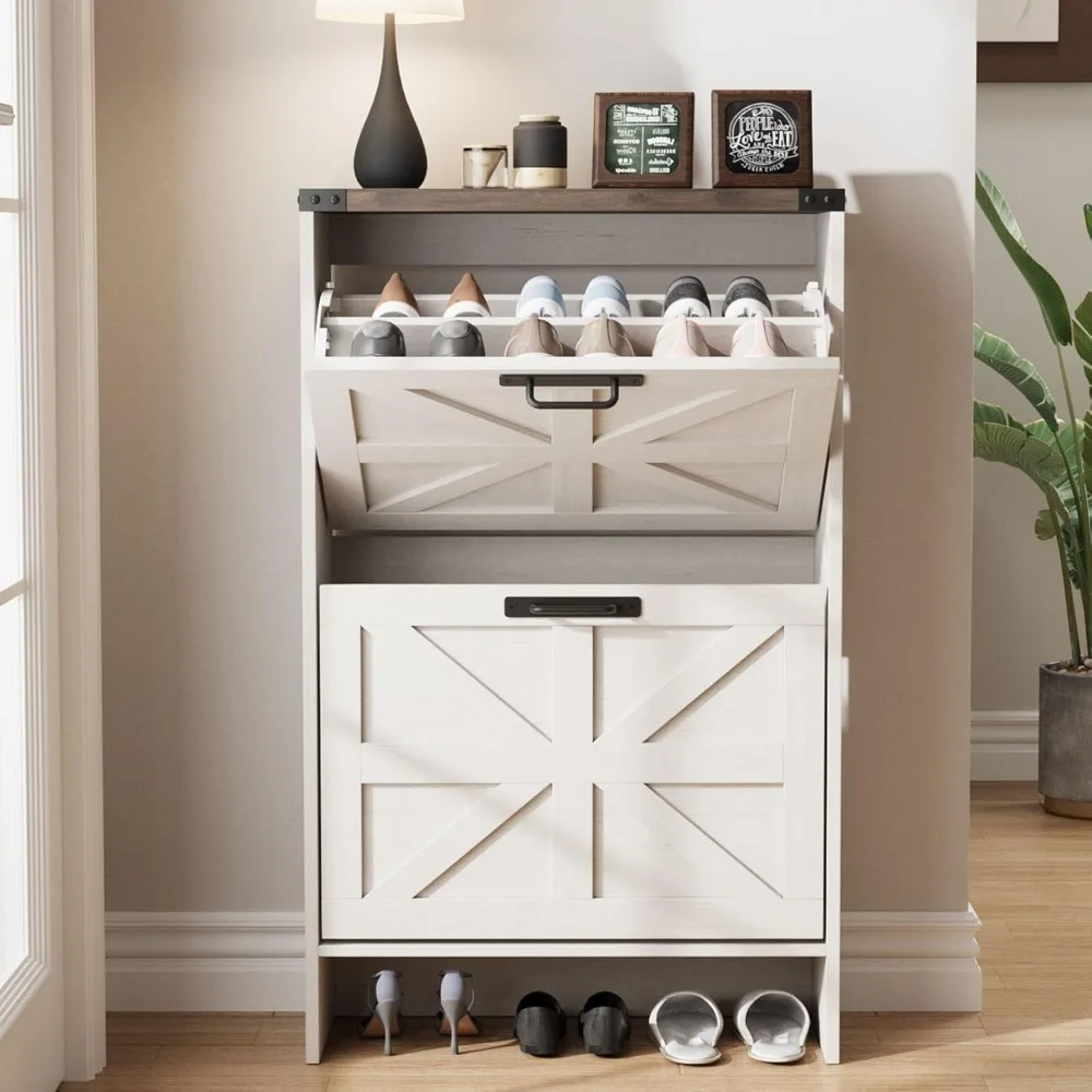 Farmhouse Slim Shoe Cabinet with 2 Flip Drawers,Narrow Rack Cabinet for Entrance Hidden Shoes, Shoe Cabinets 3