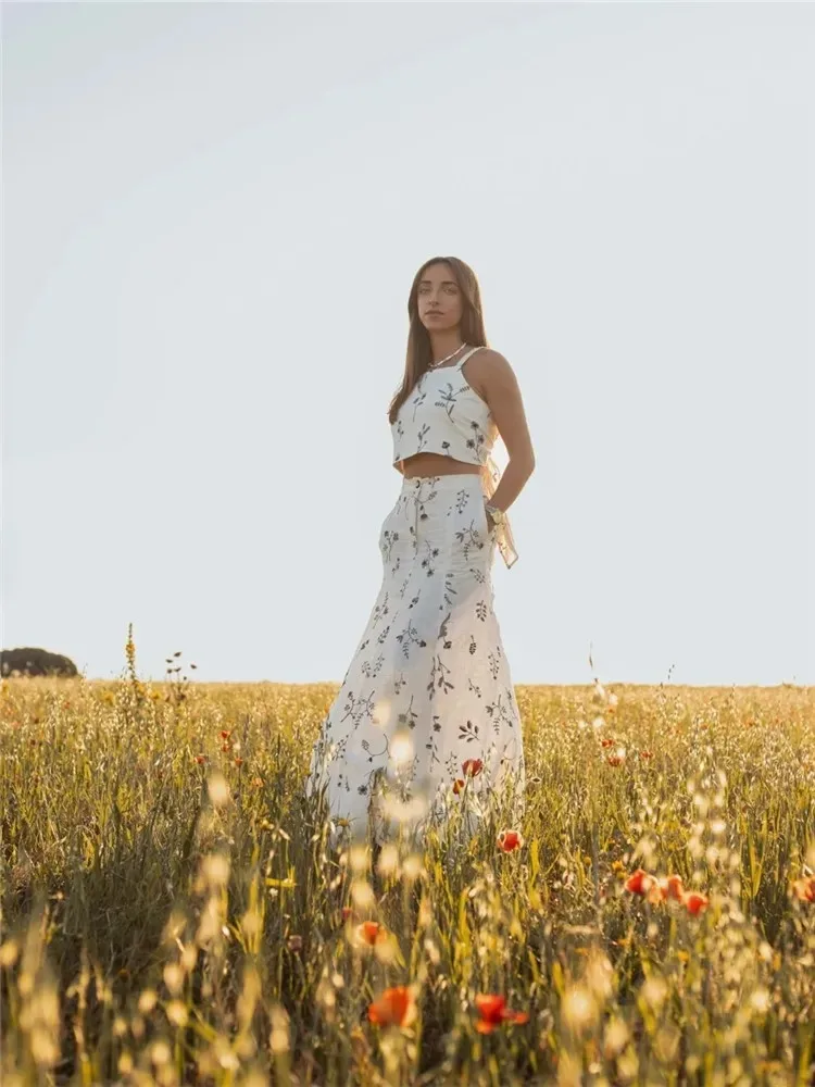 Ladies Fashion Women Summer Skirt Suits Printed Sleeveless Backless Crop Vest+Drawstring A-Line Skirt Women Two Pieces Female