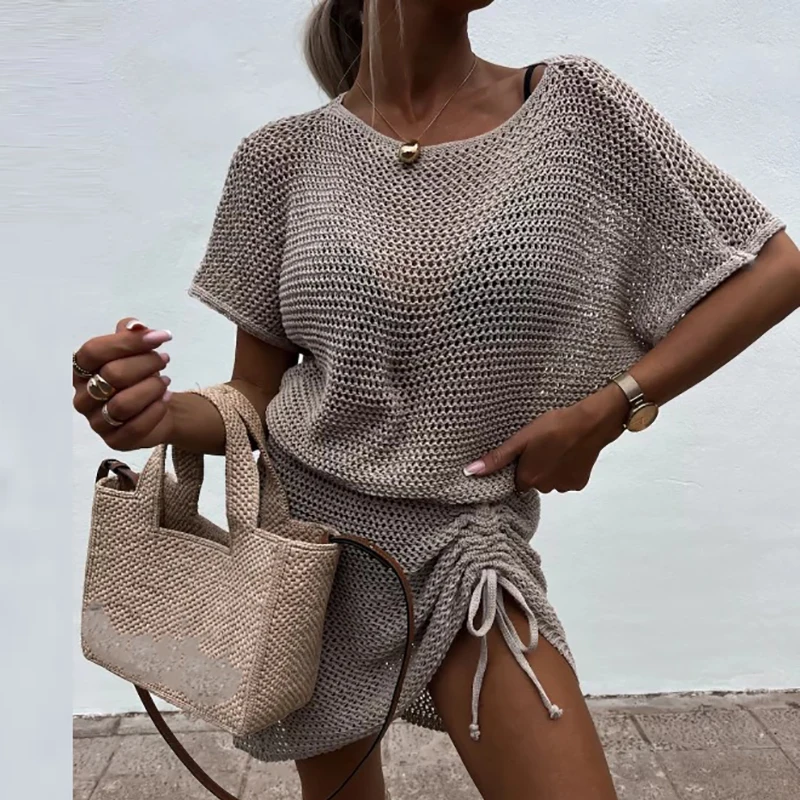 

Sexy Perspective Drawstring Mini Dress Fashion O-neck Short Sleeve Bikini Cover Up Dress Summer Hollow Beach Knitted Women Dress