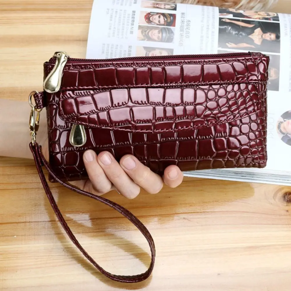 Portable Leather Women Long Wallets Fashion Design Red Purse Bag Ladies Wallet Double Zipper Crocodile Purses Clutch Bag