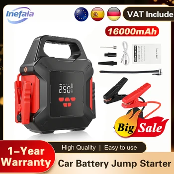 Avviatore di emergenza per auto Inefala con compressore d'aria per automobile, scatola di ponticello per batteria, caricabatterie, batteria da 16000 mAh