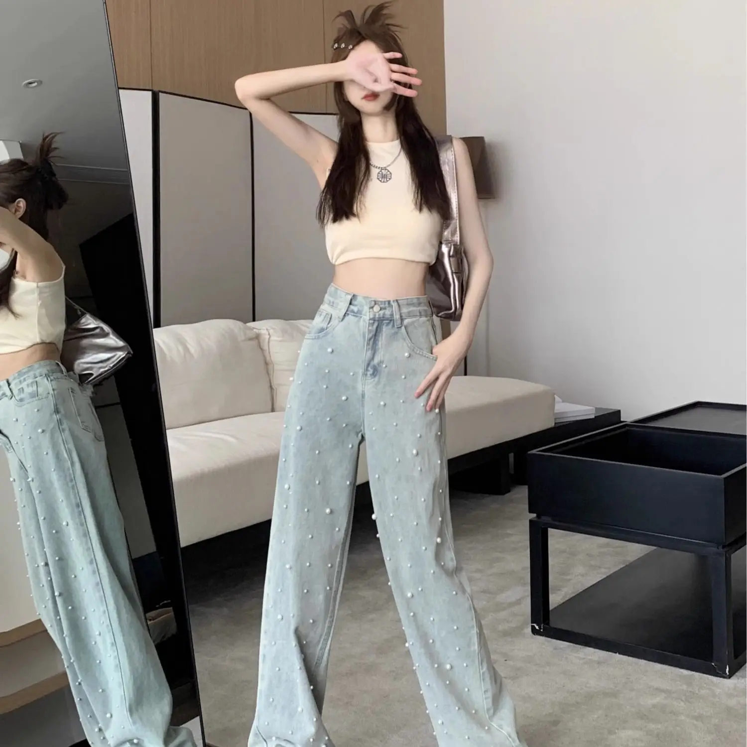 Women's Jeans High Waist Straight Blue Beaded Pearls Denim Pants Spring Autumn Chic Streetwear Design Baggy Jeans Women Clothing - 4
