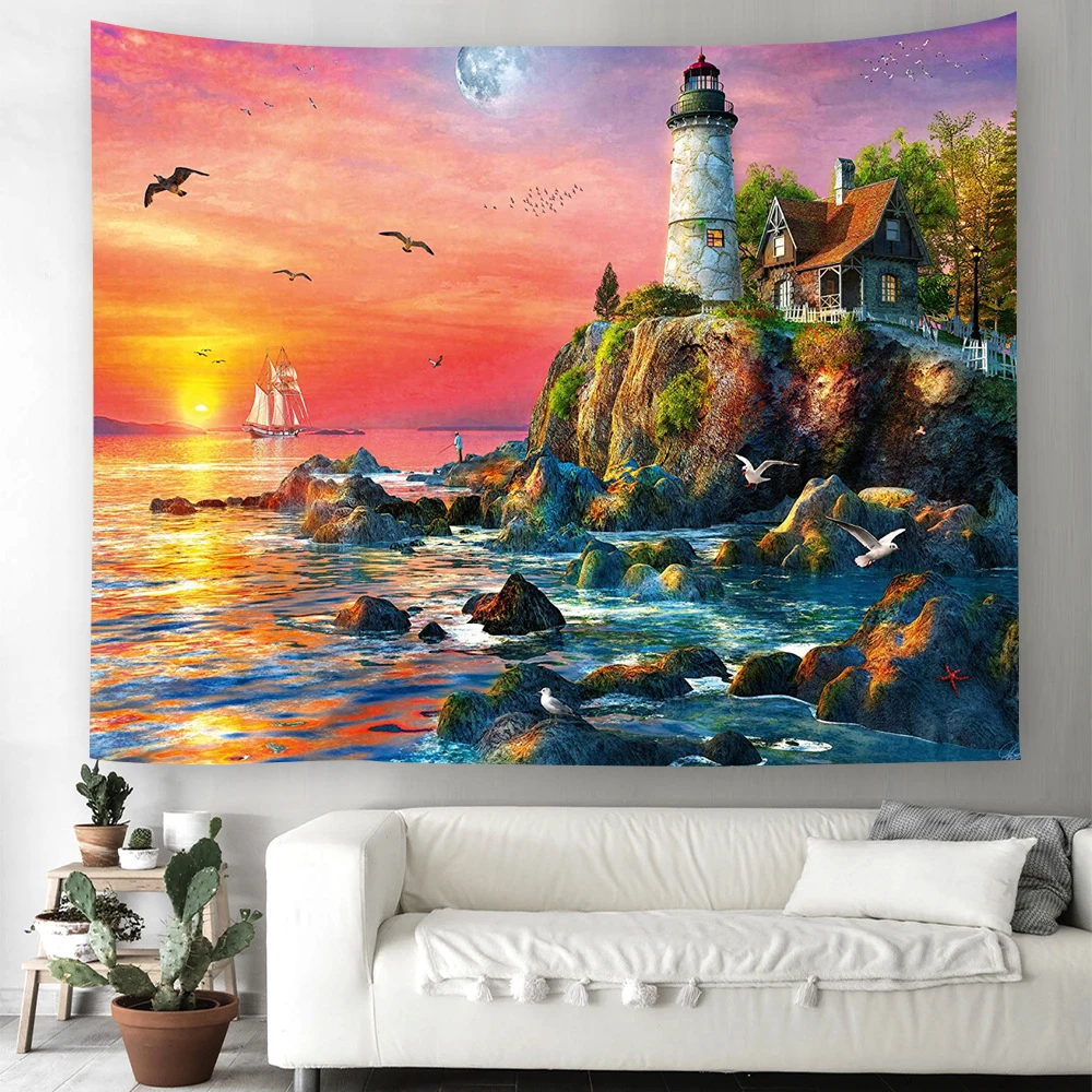 

Landscape Beach Sunset Tapestry Lighthouse Wall Hanging Aesthetic for Dormitory Interior Room Bedroom Living Room Decorations