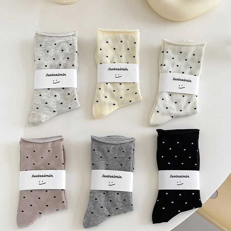 5 Pairs Women's Spring Socks – Cream Vintage Polka Dot Mid-Tube Rolled Edge Socks, Thin Artistic Summer Socks
