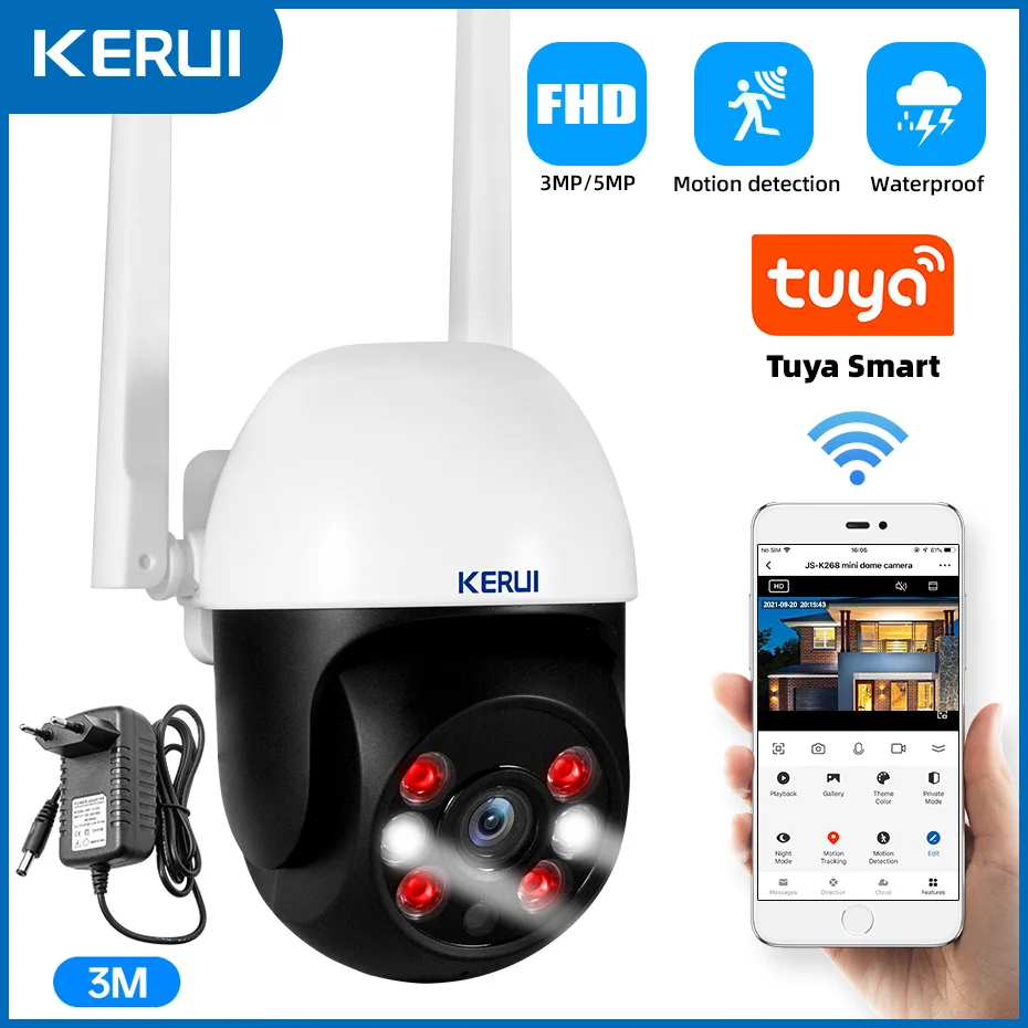 KERUI Outdoor Waterproof Wireless 3MP 5MP HD PTZ WiFi IP Camera Tuya Smart Camera Security CCTV Surveillance With 3 meters Cable