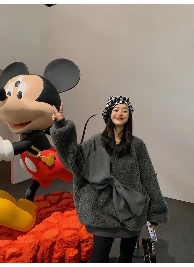 

Зимняя и осенняя Новинка 2023, женская одежда из овечьей шерсти с бантом, хлопковый свитер с эффектом памяти, пальто 1026