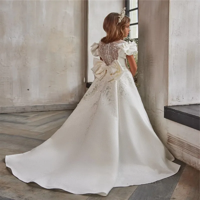 

Beautiful Satin Short Sleeve Bow Crystal Decorative Flower Girl Dress Wedding Flower Child Sacrament Party Celebration Dinner