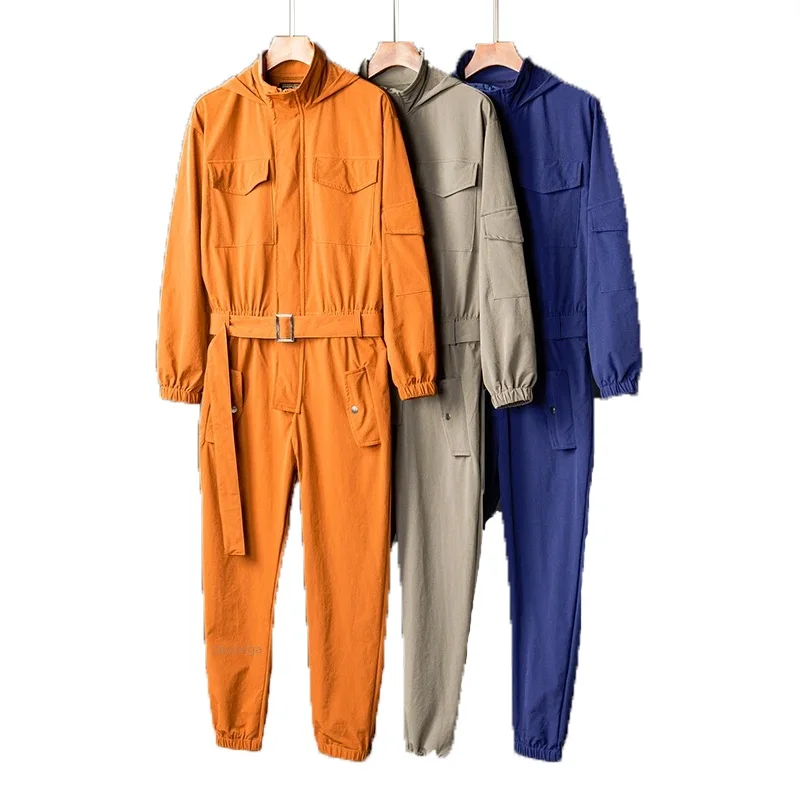 

Men's Jumpsuit Long Sleeve Hooded Beam Feet Cotton Overalls Hip Hop Streetwear Loose Cargo Pants 3color Freight Trousers Costume