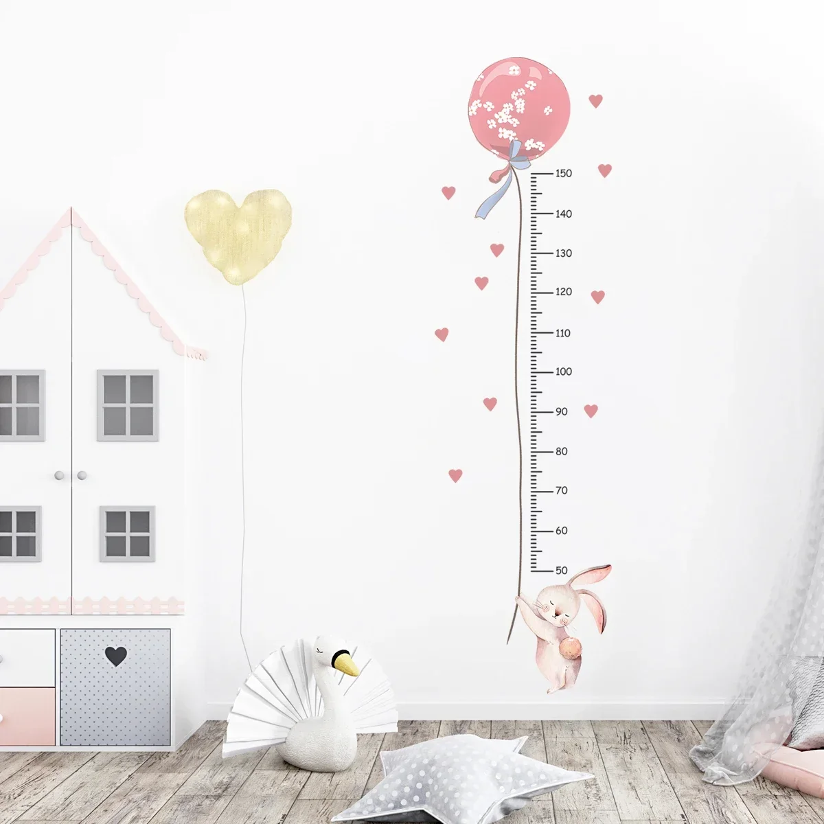 Wall Stickers Cartoon Pink Bunny Balloon Height Wall Sticker for Kids Room Ruler Home Decor