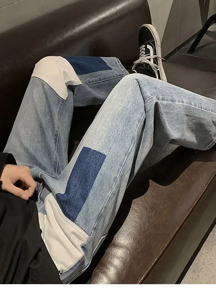 Foufurieux Colorblock Jeans Men Loose Straight Wide-leg Trousers Men  Spring Autumn 2023 Fashion High Street Hip-hop Style Trend 4