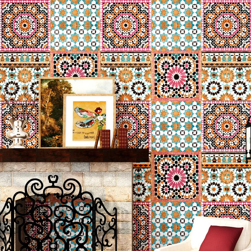 Bohemian style wallpaper living room bedroom dining room Thai imitation tile TV background wallpaper