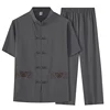 Cotton and Linen (top + Pants) Elderly Men Gold Silk Pan Buckle Pocket Embroidered Tang Dress Han Dress Lay Tai Chi Suit Set 1