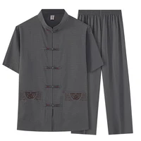 Cotton and Linen (top + Pants) Elderly Men Gold Silk Pan Buckle Pocket Embroidered Tang Dress Han Dress Lay Tai Chi Suit Set 1