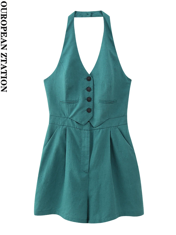 

PAILETE Women 2023 fashion sleeveless linen playsuits sexy backless front button female jumpsuits mujer