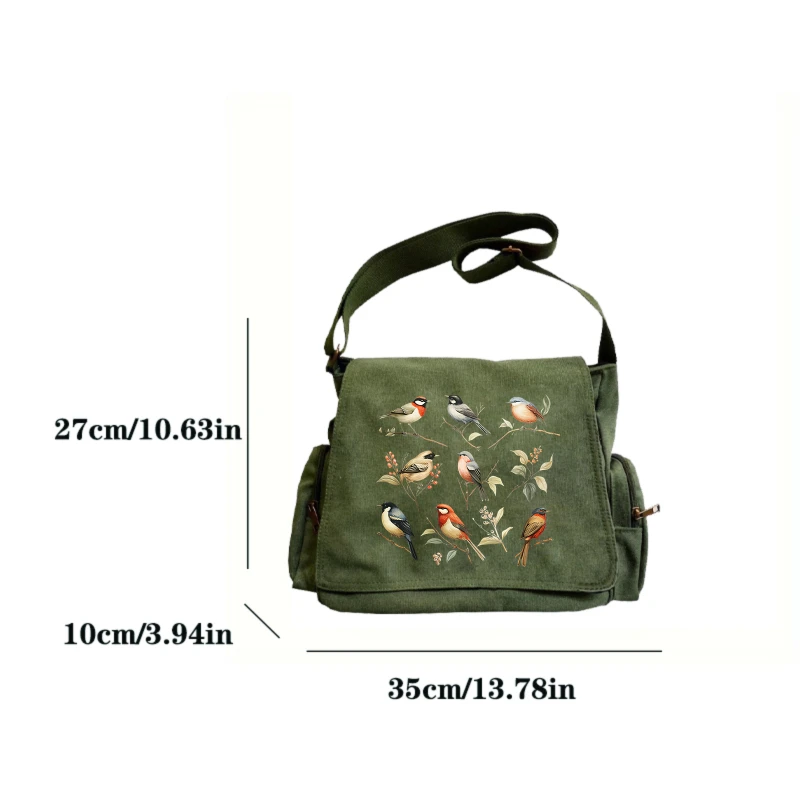Vintage Women's Shoulder Bag Bird Print Canvas Messenger Bag Large Capacity Daily Use Crossbody Bag