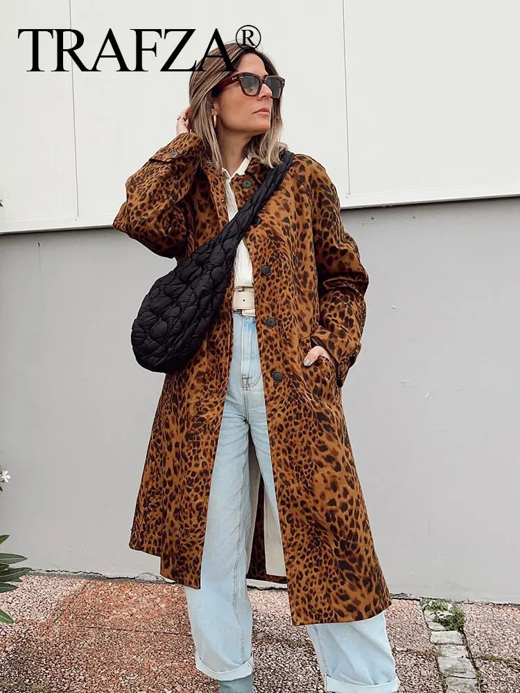TRAFZA Women Fashion Leopard Print Trench Coat Vintage Long