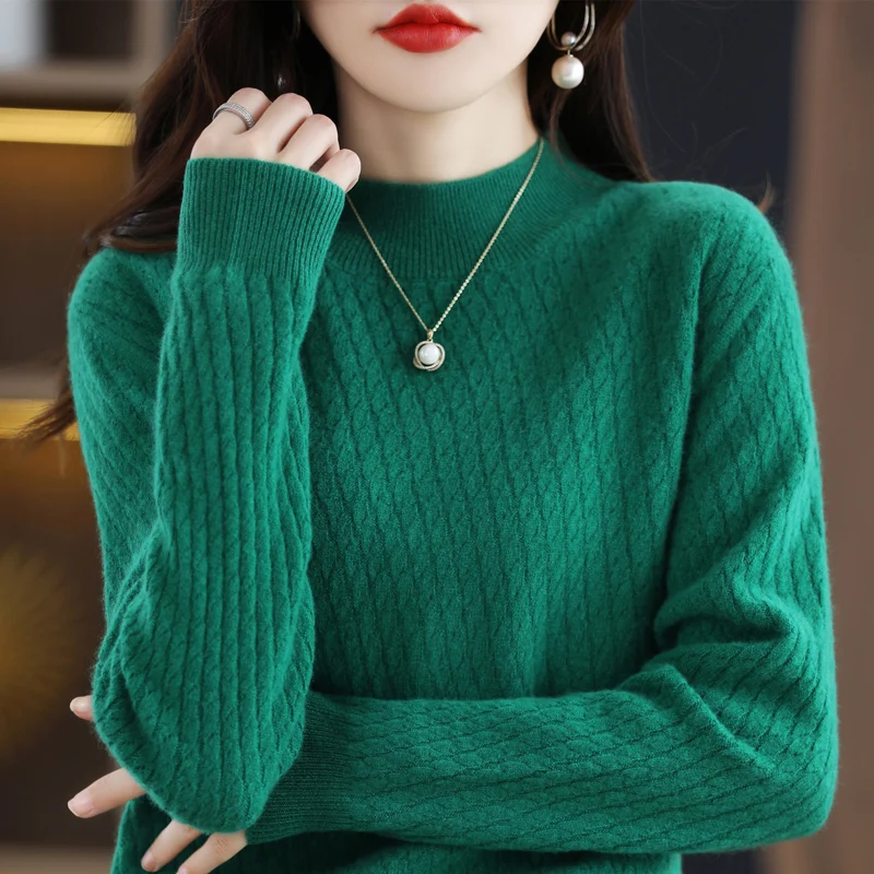 

Autumn and Winter New Long sleeved Women's Pullover Half High Neck Solid Color Laydown Sweater Hollow Out 100% Wool Underlay