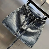 Oversize Retro Diamond Denim Mini Skirt for Women Summer High Waist Shiny Rivet Slim Skirts Gradient Black Grey Jean Skirts - Image 4
