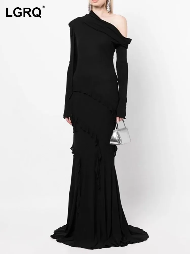 

LGRQ 2024 Fashion Elegant Original Ruched Design Long Dresses Women's High Quality Solid Color Luxury Party Dress New 19Z1887